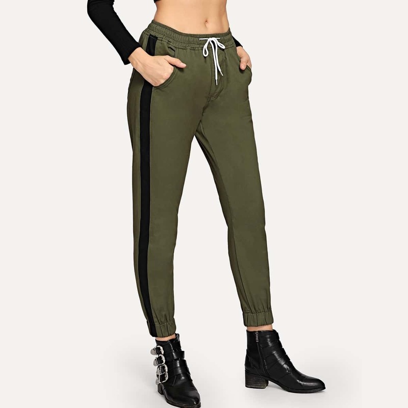

Stripe Contrast Drawstring Waist Pants, Army green