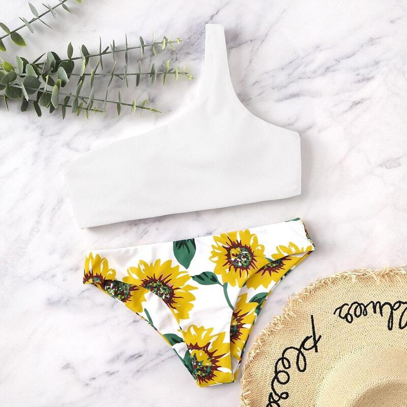 

Random One Shoulder Sunflower Bikini Set, White