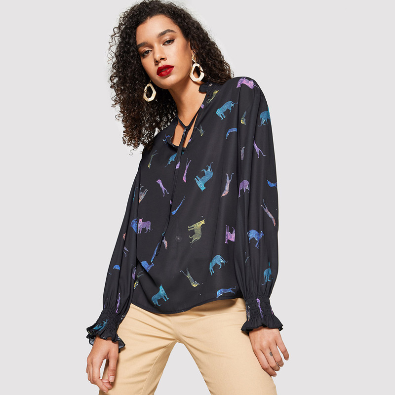 

Animal Print Tie Neck Shirred Panel Top, Black