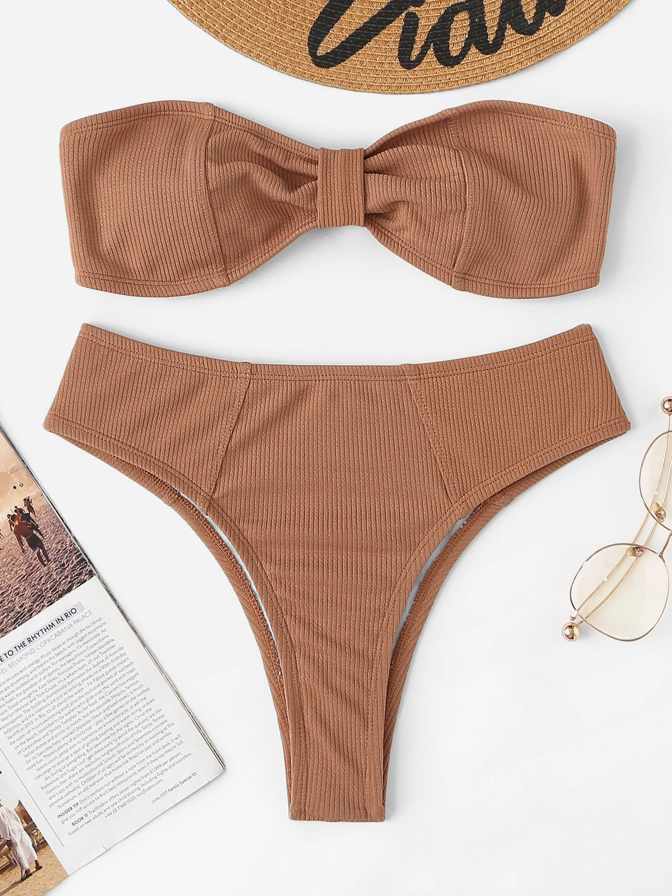 high cut ribbed bandeau bikini set