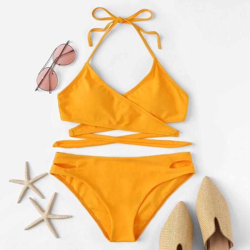

Wrap Halter Top With Cut-out Low Rise Bikini, Yellow
