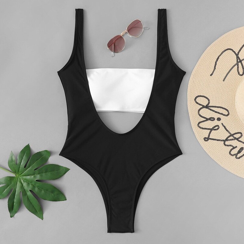 

Two Tone Cut-out One Piece Swimwear, Black and white