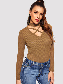 Crisscross Choker Neck Ribbed T-shirt