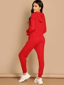 Conjunto capucha sólida con bolsillo con pantalones de cintura con cordón - Rojo - Ver 2