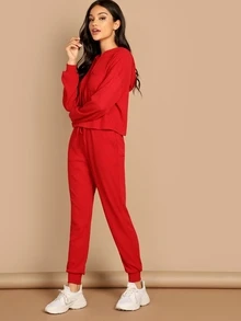 Conjunto capucha sólida con bolsillo con pantalones de cintura con cordón - Rojo - Ver 3