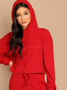 Conjunto capucha sólida con bolsillo con pantalones de cintura con cordón - Rojo - Ver 4
