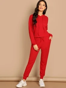 Conjunto capucha sólida con bolsillo con pantalones de cintura con cordón - Rojo - Ver 5