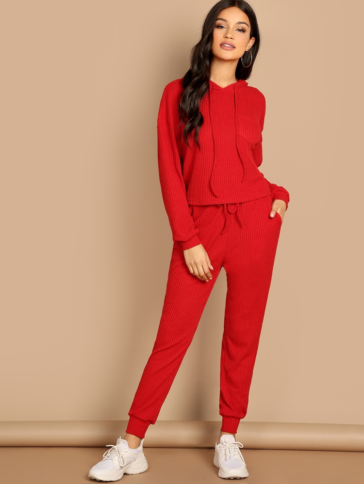 Bộ thời trang Dây kéo màu trơn Đỏ Casual - Đỏ - Xem 5