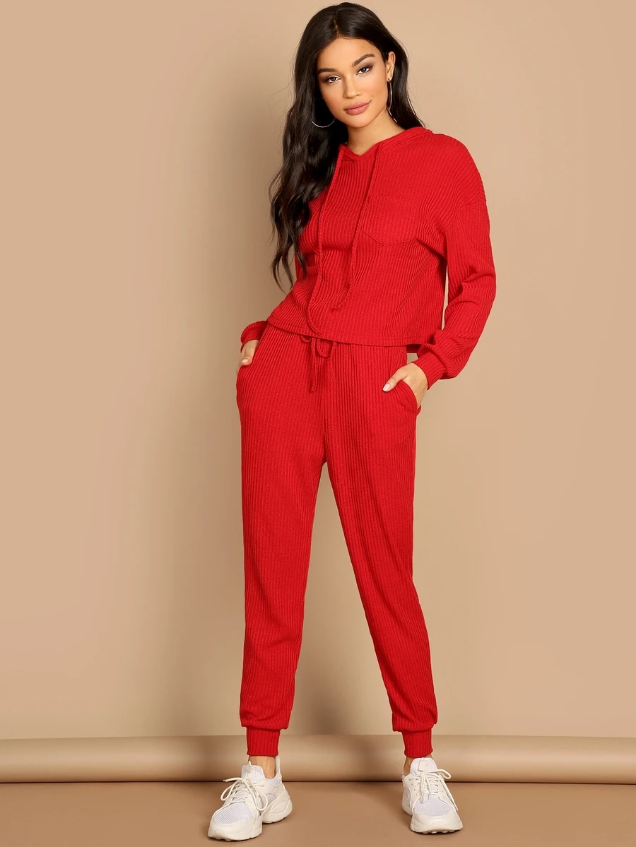 Conjunto capucha sólida con bolsillo con pantalones de cintura con cordón - Rojo - Ver 1