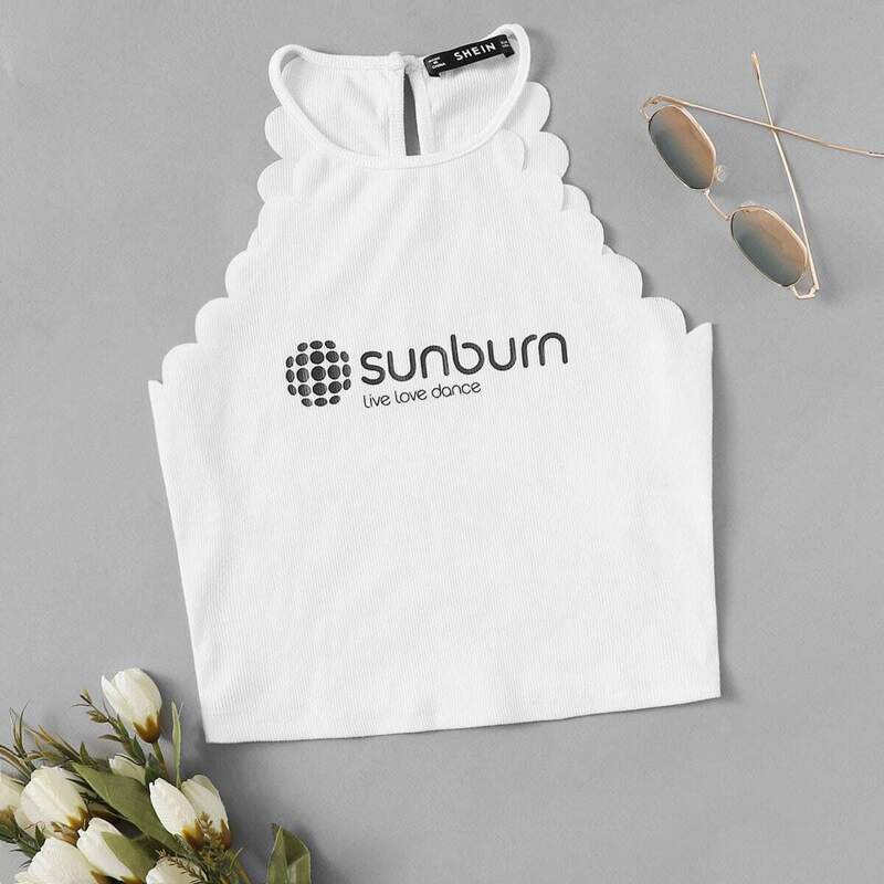

Sunburn Scallop Trim Letter Print Halter Neck Top, White