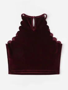 SHEIN Keyhole Back Scallop Trim Velvet Halter Top - Burgundy - View 2