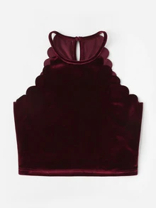 SHEIN Keyhole Back Scallop Trim Velvet Halter Top - Burgundy - View 3