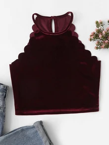 SHEIN Keyhole Back Scallop Trim Velvet Halter Top - Burgundy - View 1