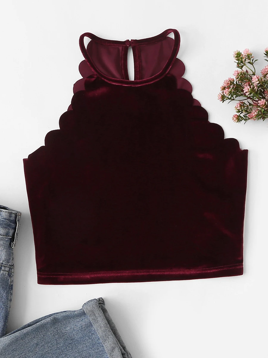 SHEIN Keyhole Back Scallop Trim Velvet Halter Top - Burgundy - View 1