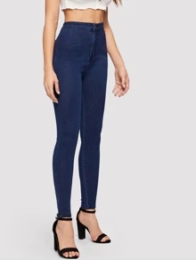 SHEIN Essnce 纯色緊身牛仔褲 - 藏蓝色 - 查看 4