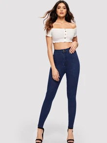SHEIN Essnce 纯色緊身牛仔褲 - 藏蓝色 - 查看 5