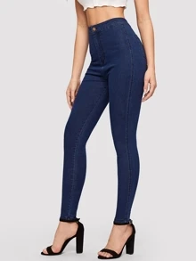 SHEIN Essnce 纯色緊身牛仔褲 - 藏蓝色 - 查看 1
