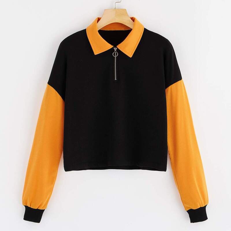 

Drop Shoulder Color-block Half Placket Sweatshirt