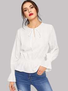 Flounce Sleeve Tie Neck Elastic Waist Blouse