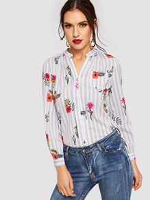 Floral Print Button Decoration Striped Blouse