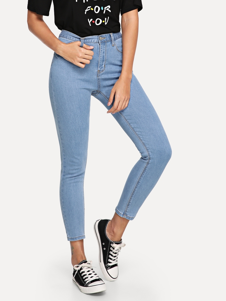 SHEIN Cropped Skinny Jeans - Blue - View 3