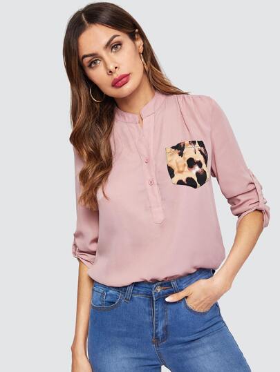 Rolled Sleeve Leopard Pocket Patched Blouse pictures