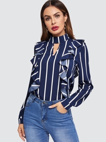 Vertical-stripe Ruffle Detail Blouse