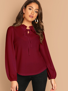 Frilled Neck Knot Solid Blouse