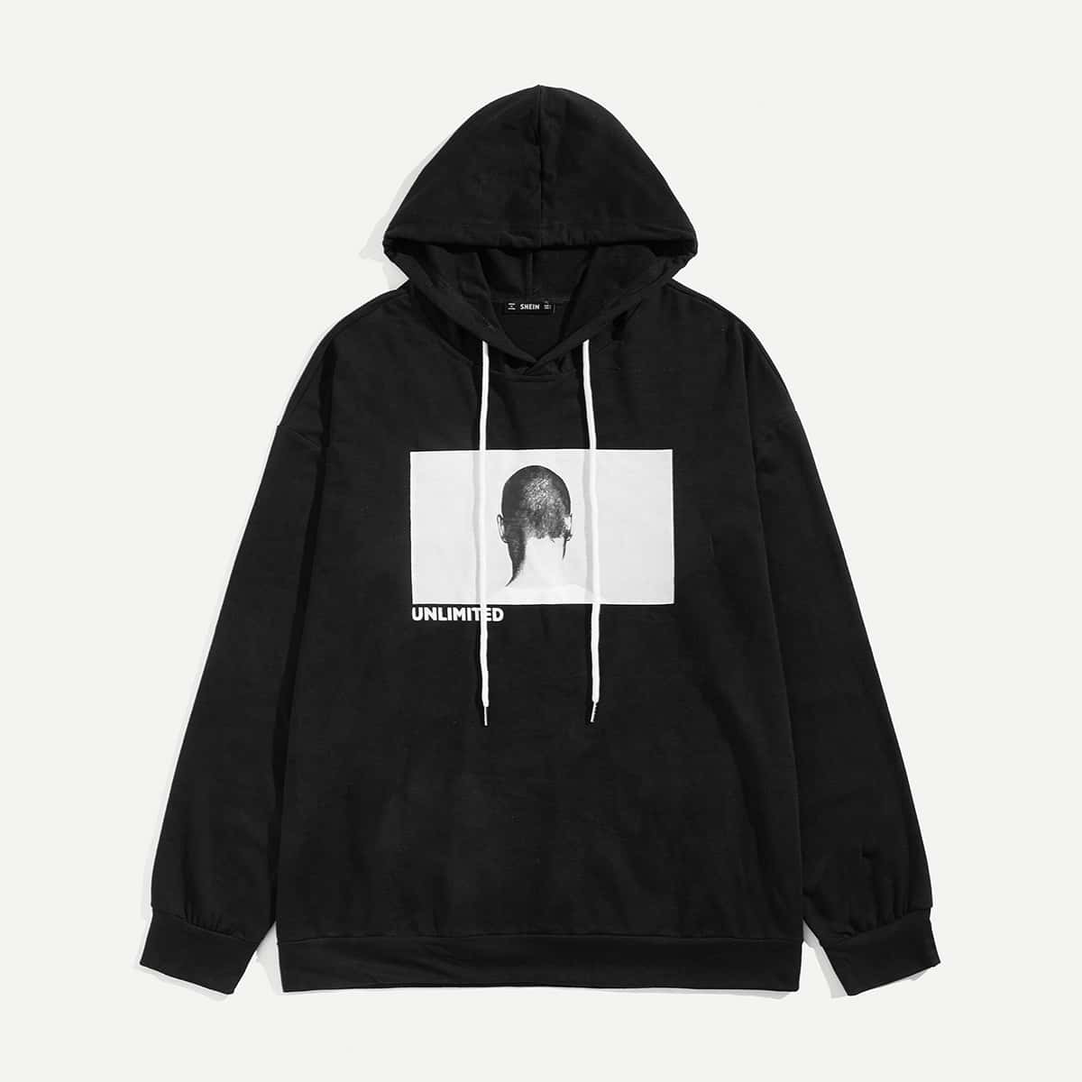 

Guys Drawstring Graphic Print Hoodie, Black