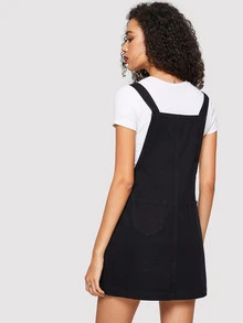 SHEIN Vestido mezclilla de tira con botón delantero con bolsillo delantero - Negro - Ver 2