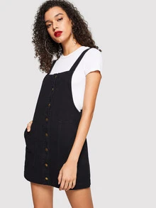 SHEIN Vestido mezclilla de tira con botón delantero con bolsillo delantero - Negro - Ver 3