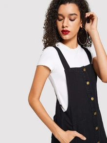 SHEIN Vestido mezclilla de tira con botón delantero con bolsillo delantero - Negro - Ver 4
