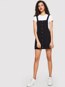 SHEIN Vestido mezclilla de tira con botón delantero con bolsillo delantero - Negro - Ver 5