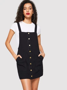 SHEIN Vestido mezclilla de tira con botón delantero con bolsillo delantero - Negro - Ver 1
