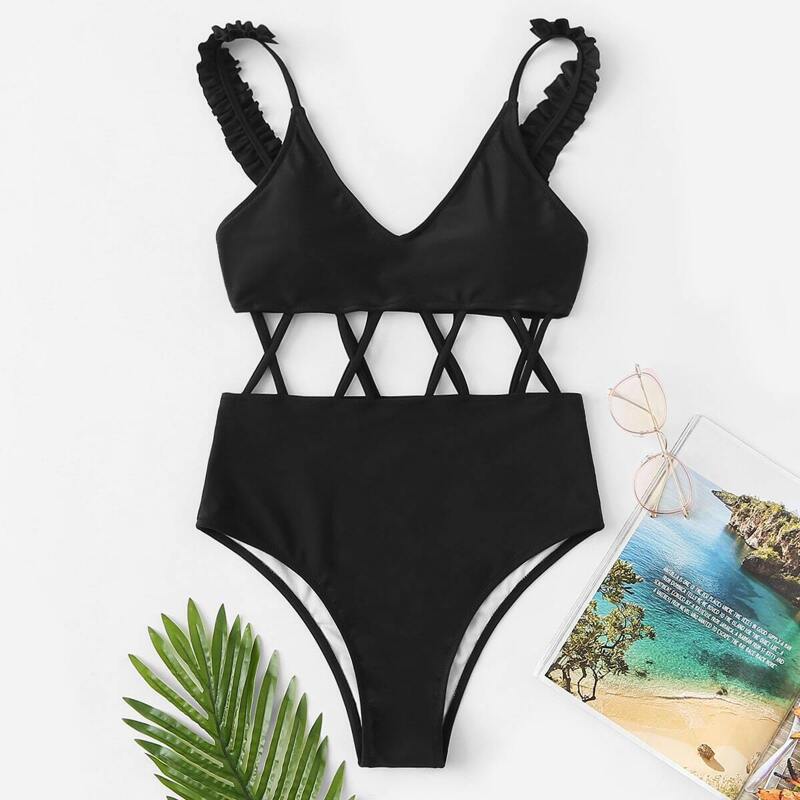 

Criss Cross Frill Strap One Piece Swim, Black