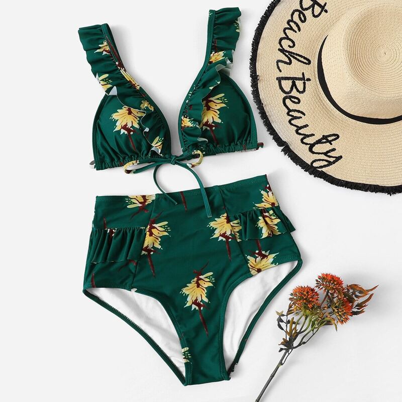 

Random Floral Ruffle Top With High Waist Bikini Set, Green