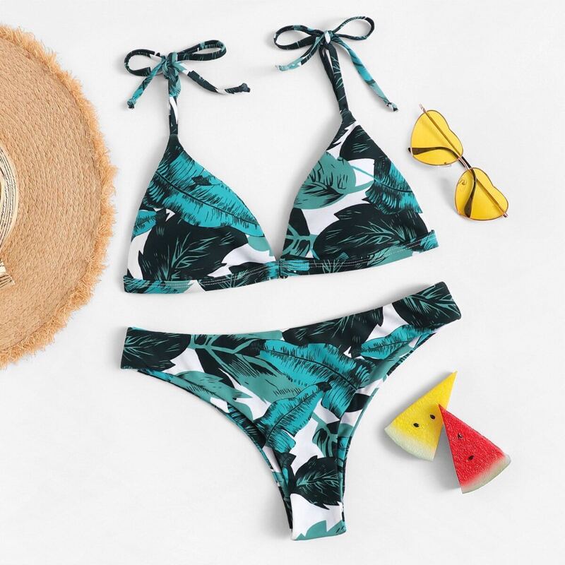 

Random Palm Print Self Tie Bikini Set, Multicolor