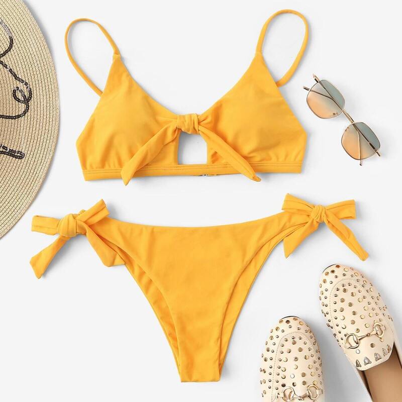

Cut-out Tie Front Top With Tie Side Bikini, Yellow