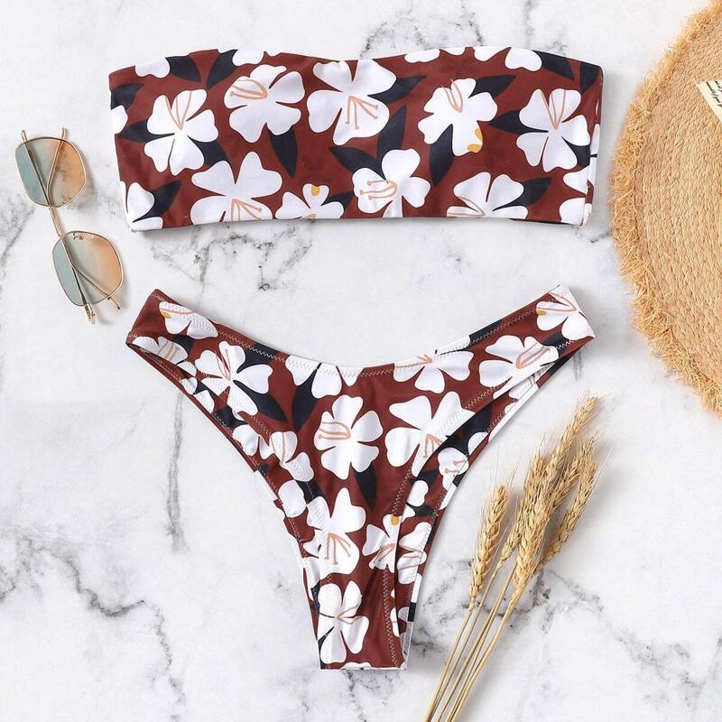 

Random Floral Bandeau With High Leg Bikini Set, Multicolor