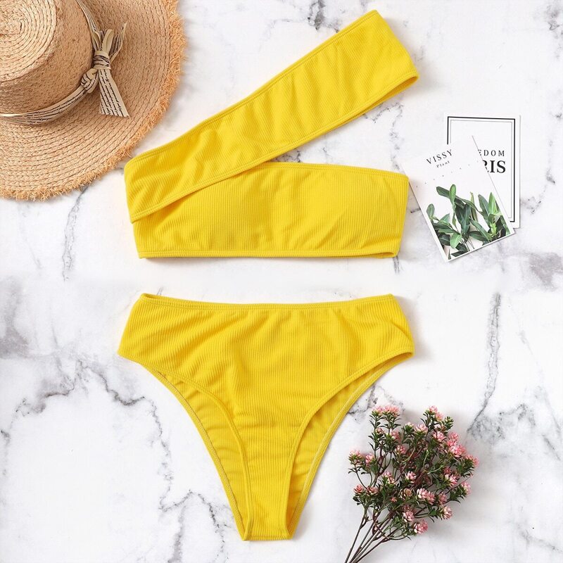 

One Shoulder Top With Ribbed Bikini Set, Yellow