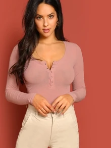SHEIN Solid Henley T-shirt - Dusty Pink - View 3