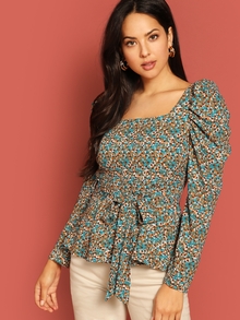 Puff Sleeve Calico Print Self Belted Blouse