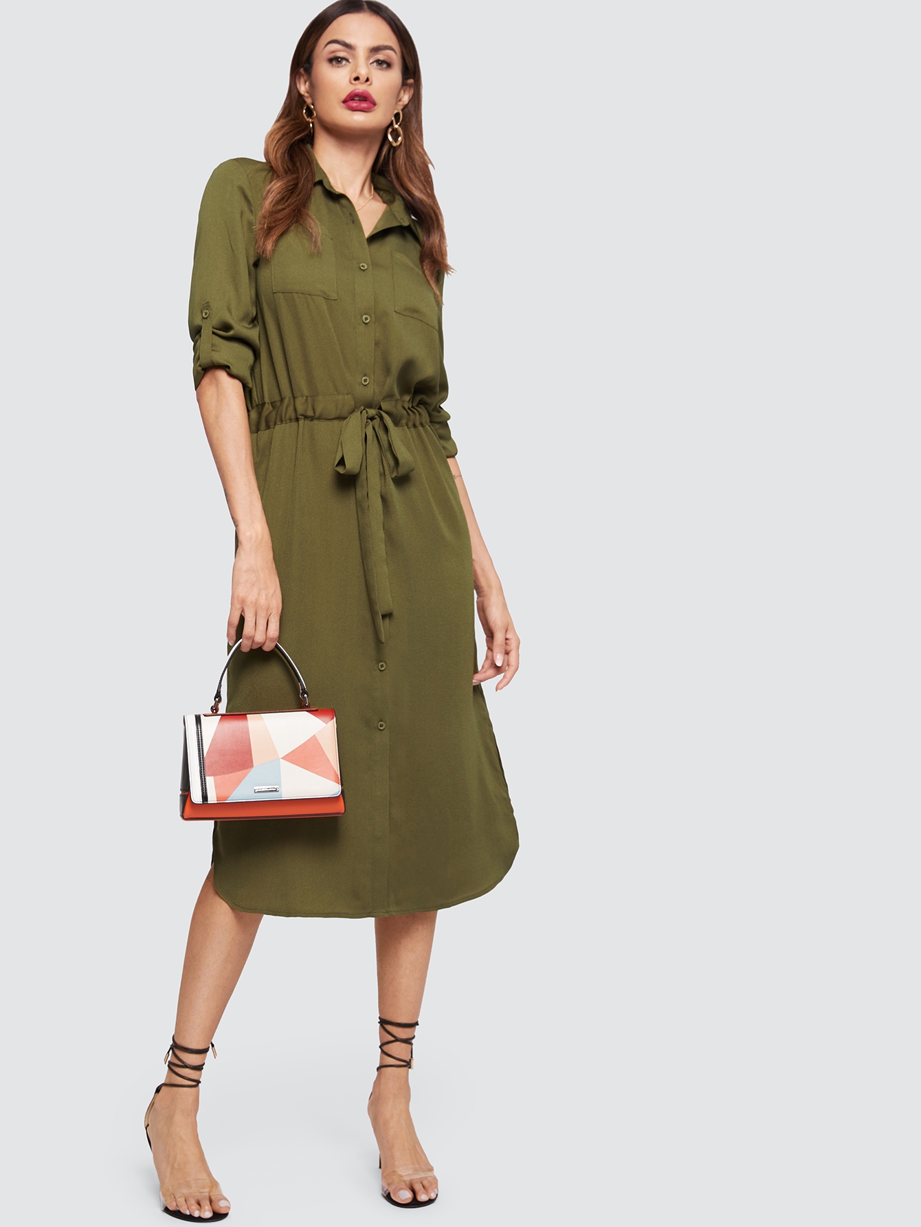 SHEIN Abito camicia con polsino arrotolato e coulisse in vita | SHEIN ITALIA