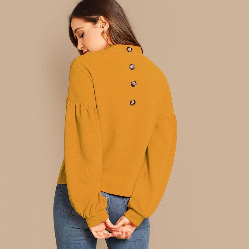 

Button Back Balloon Sleeve Top, Yellow
