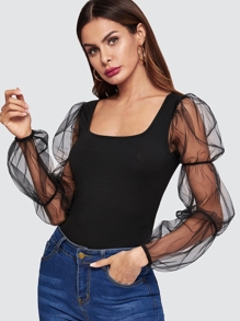 Mesh Elasticized Puff Sleeve Form Fitting Tee