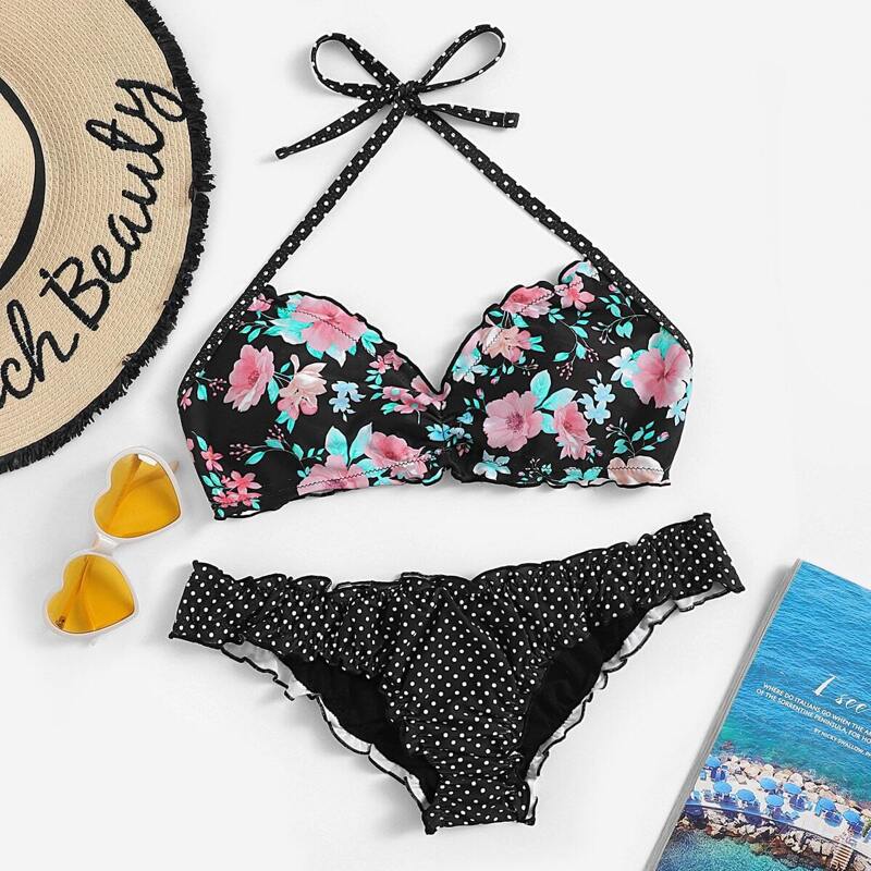 

Floral Lettuce Trim Top With Polka Dot Bikini, Multicolor