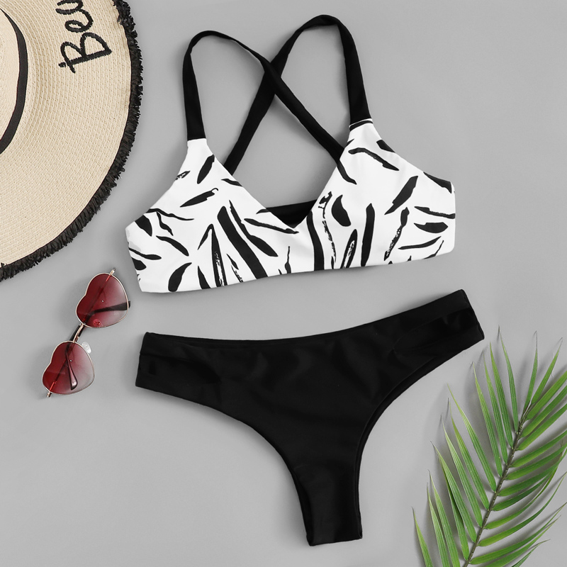 

Random Graphic Criss Cross Top With Low Rise Bikini, Black and white
