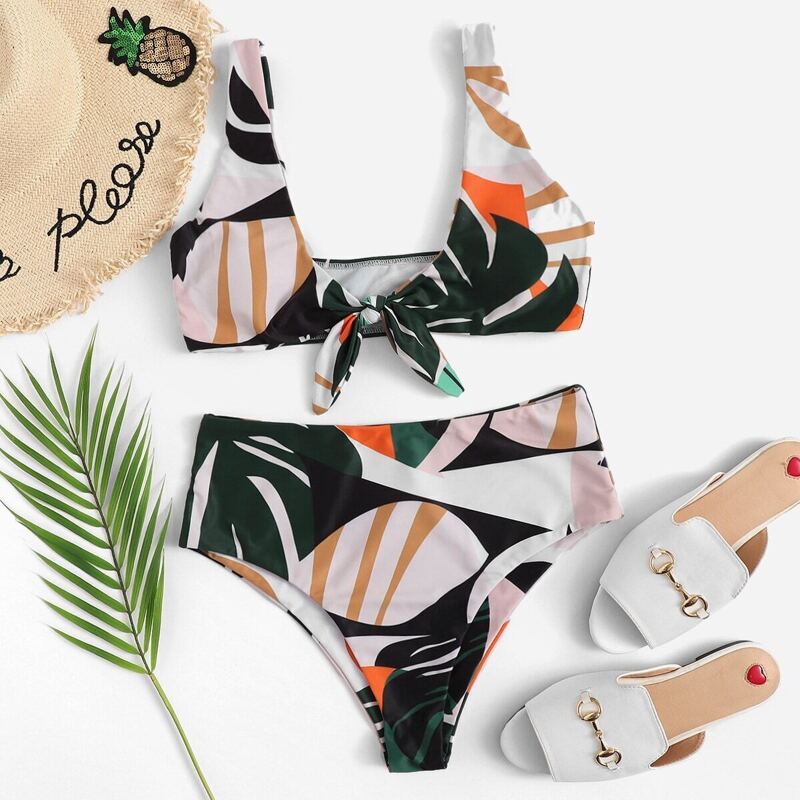 

Random Tropical Top With High Waist Bikini, Multicolor