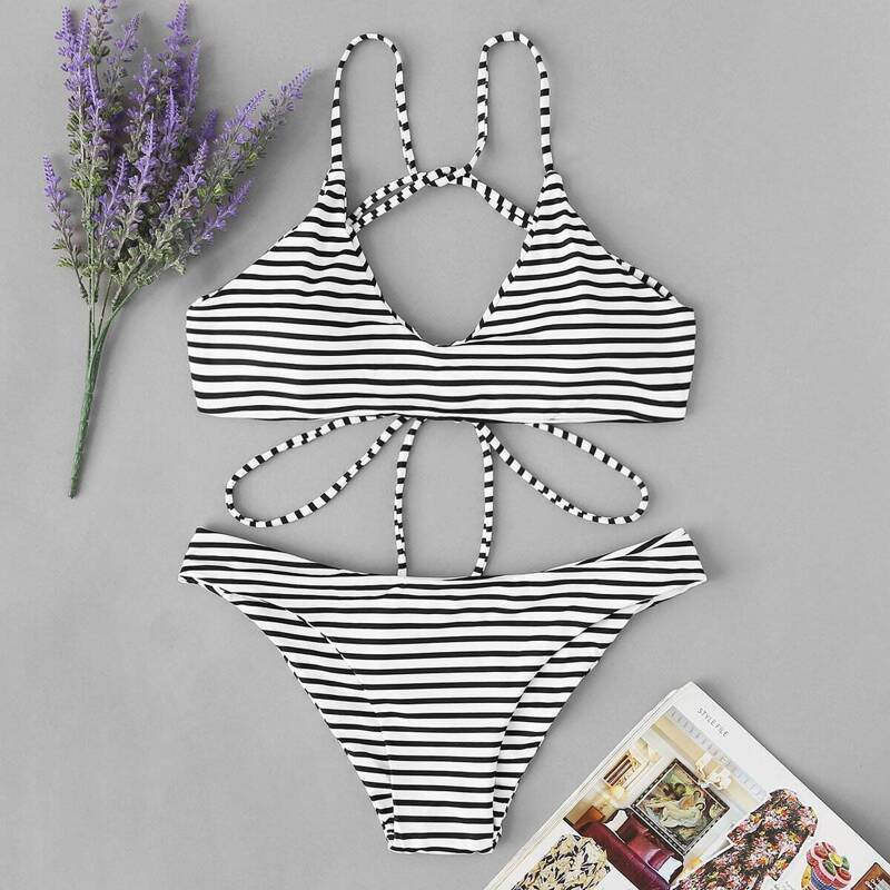 

Striped Self Tie Bikini Set, Black and white