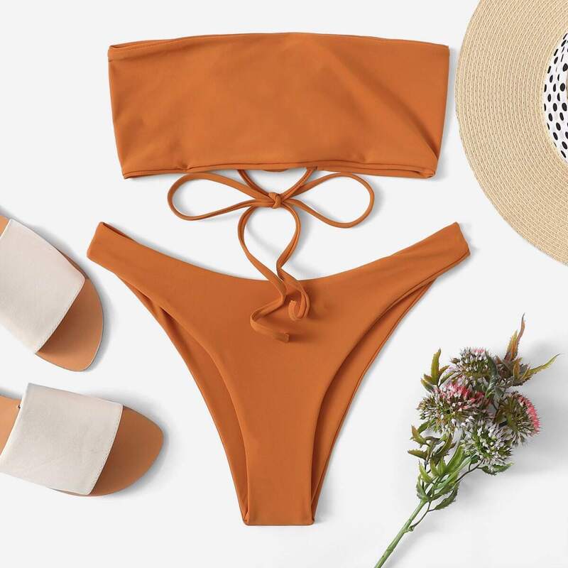 

Lace-up Bandeau With High Leg Bikini Set, Brown